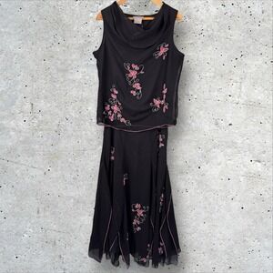 Vtg Y2K Chiffon Beaded Cowl Neck Tank Midi Ruffle Skirt Set Fairy Fairygoth Sz L